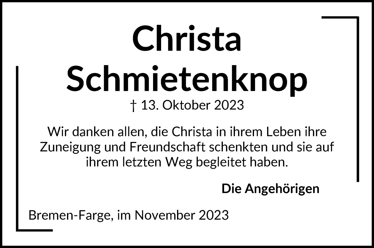 Traueranzeige von Christa Schmietenknop von Die Norddeutsche