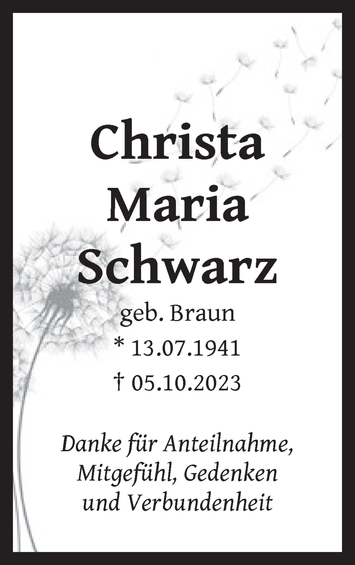Traueranzeige von Christa Maria Schwarz von Wuemme Zeitung