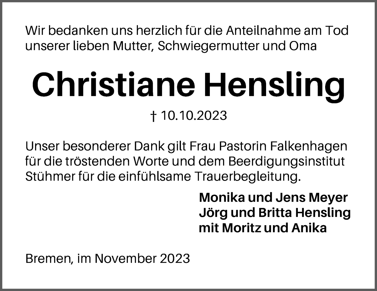 Traueranzeige von Christiane Hensling von Die Norddeutsche