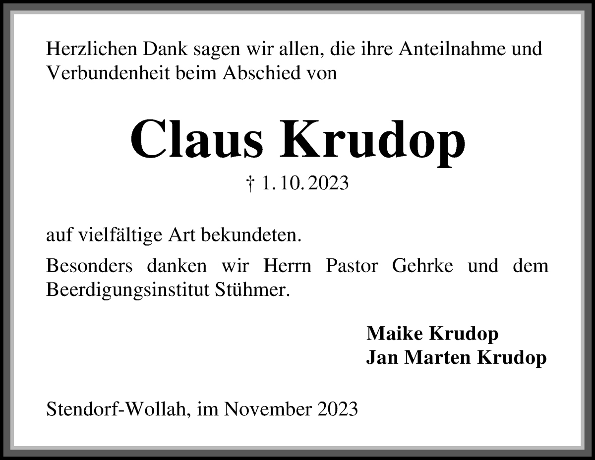 Traueranzeige von Claus Krudop von Osterholzer Kreisblatt