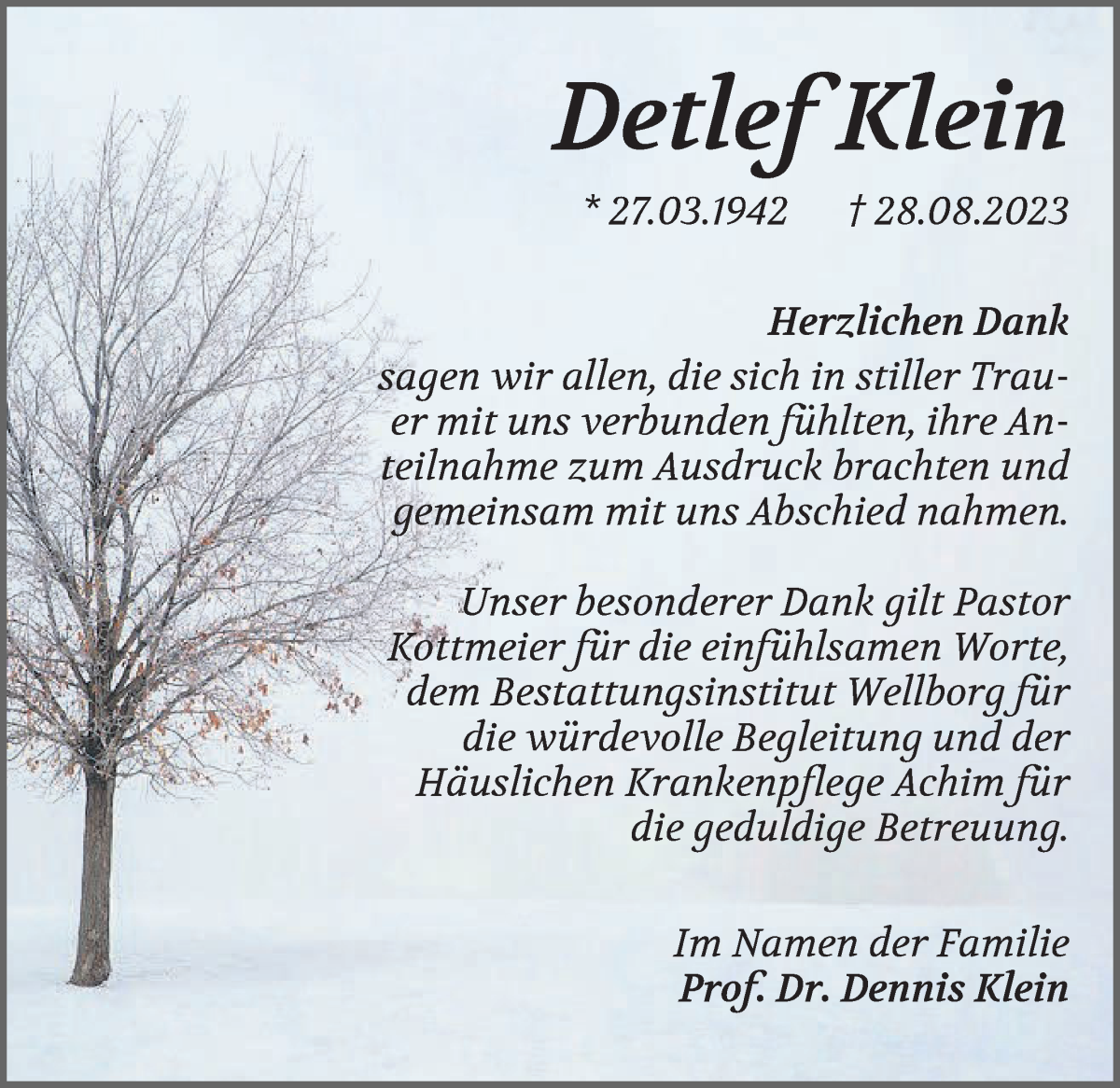 Traueranzeige von Detlef Klein von Achimer Kurier/Verdener Nachrichten