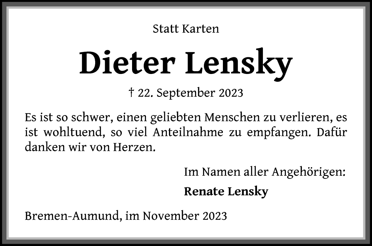 Traueranzeige von Dieter Lensky von Die Norddeutsche