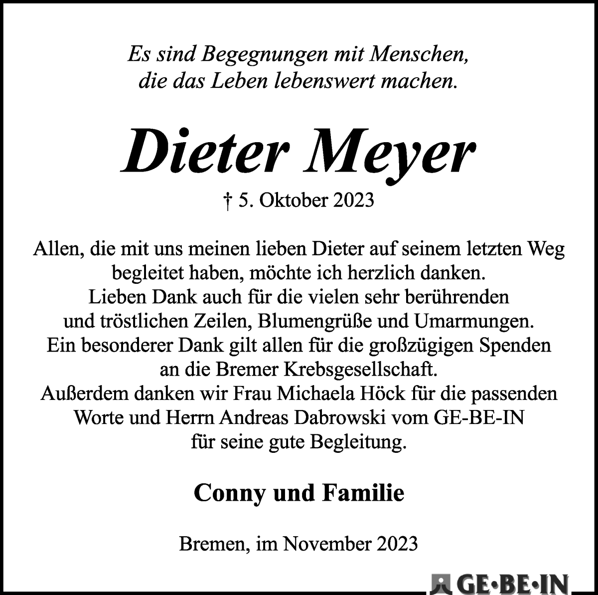 Traueranzeige von Dieter Meyer von WESER-KURIER