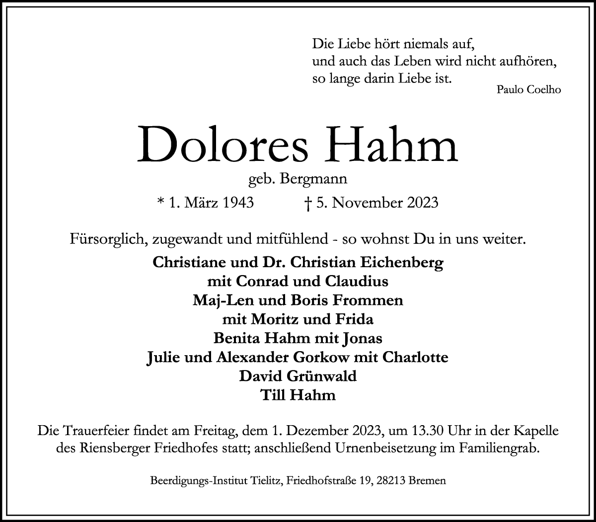 Traueranzeige von Dolores Hahm von WESER-KURIER