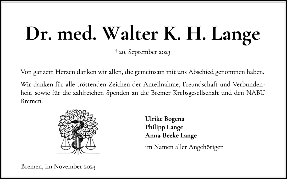 Traueranzeige von Dr. med. Walter K. H. Lange von Die Norddeutsche