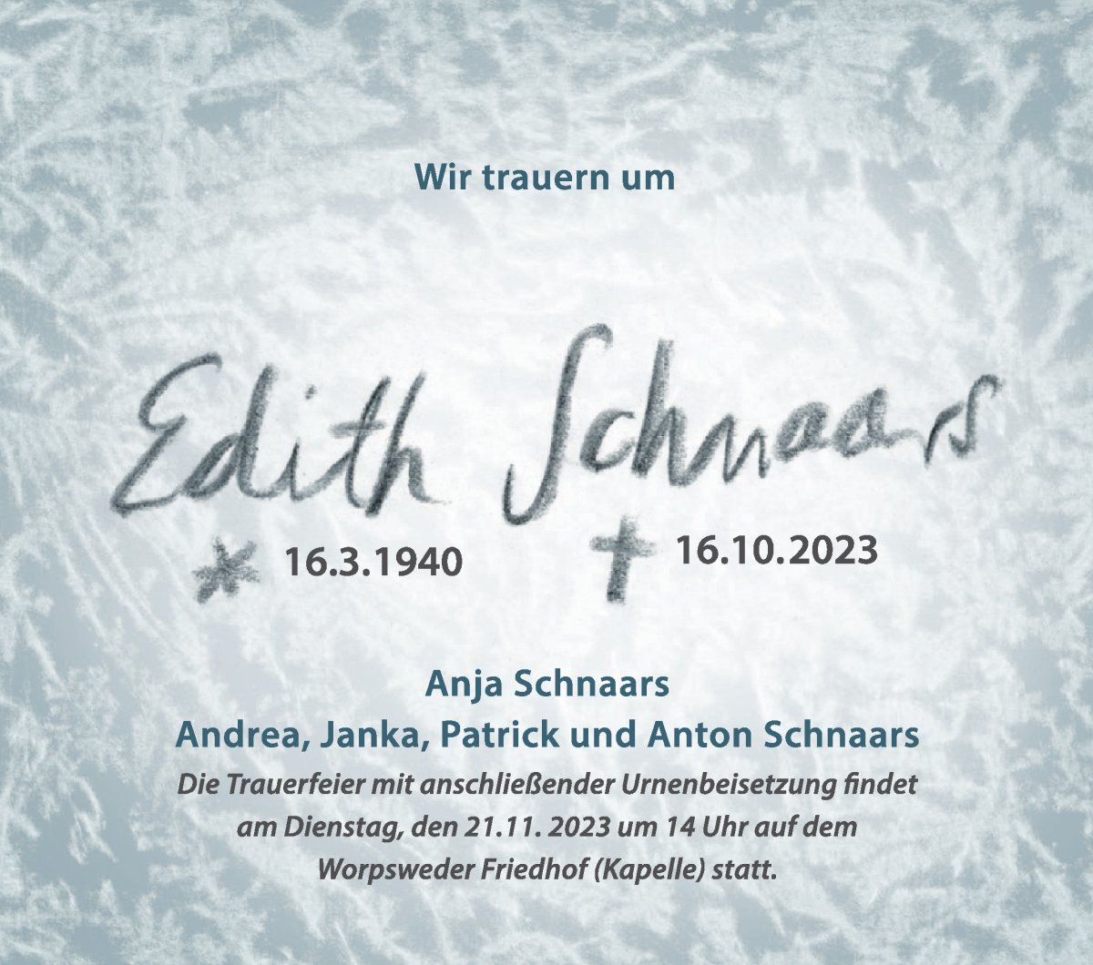 Traueranzeige von Edith Schnaars von Wuemme Zeitung