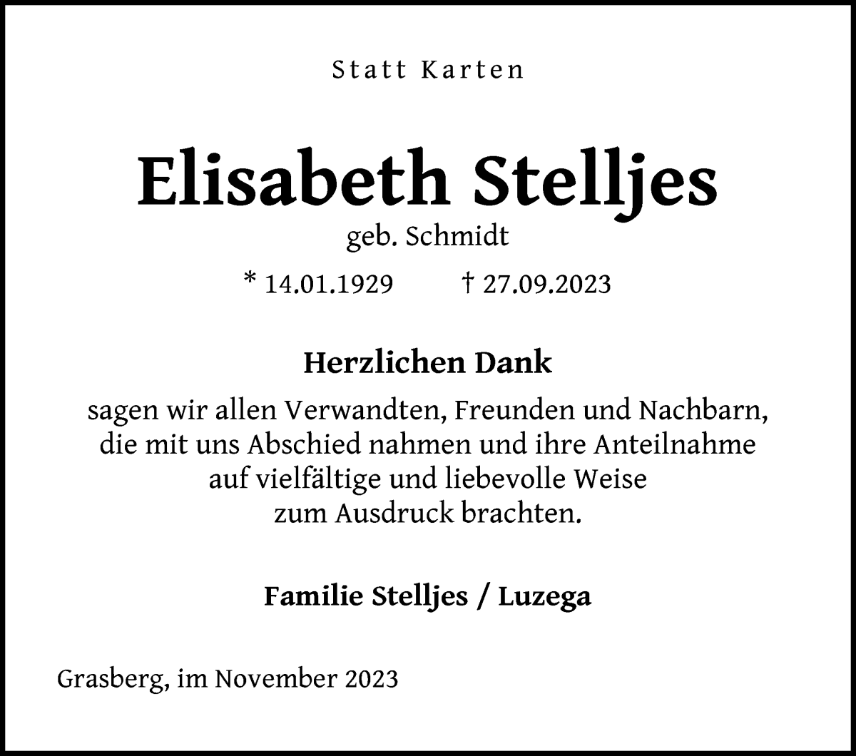 Traueranzeige von Elisabeth Stelljes von Wuemme Zeitung