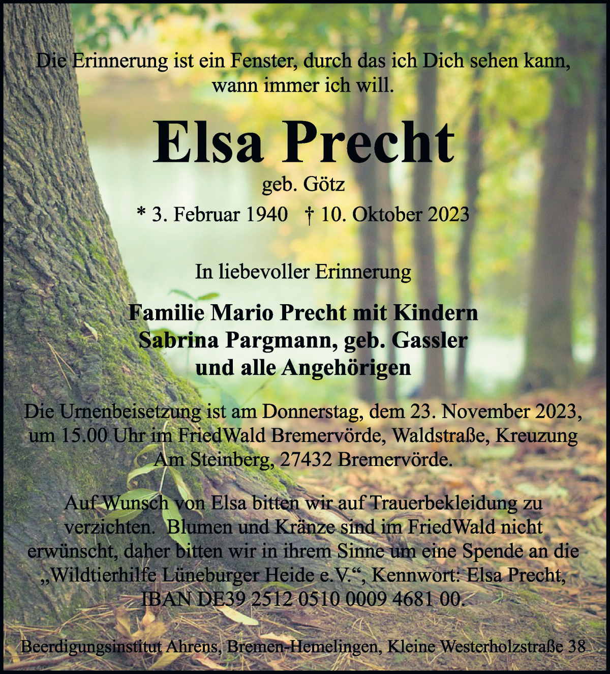 Traueranzeige von Elsa Precht von WESER-KURIER