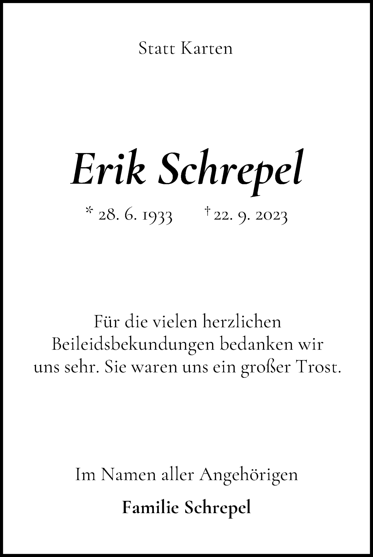 Traueranzeige von Erik Schrepel von WESER-KURIER