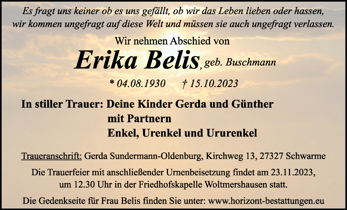 Traueranzeige von Erika Belis von WESER-KURIER