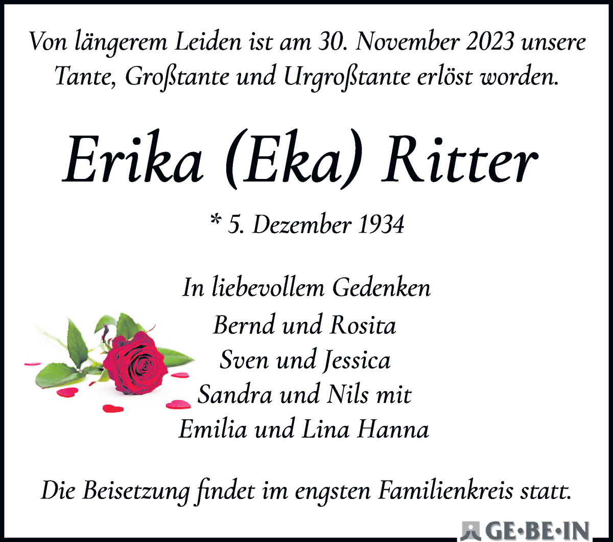 Traueranzeige von Erika Ritter von WESER-KURIER