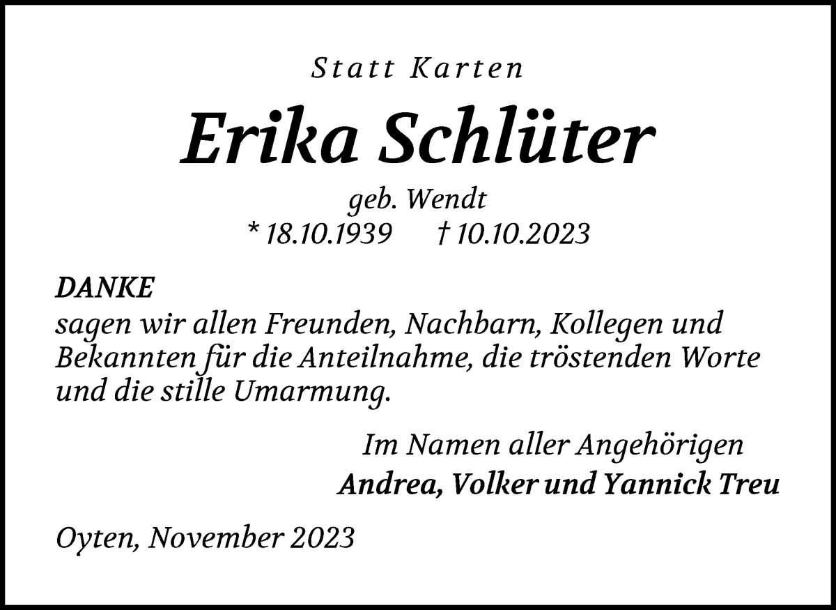 Traueranzeige von Erika Schlüter von WESER-KURIER