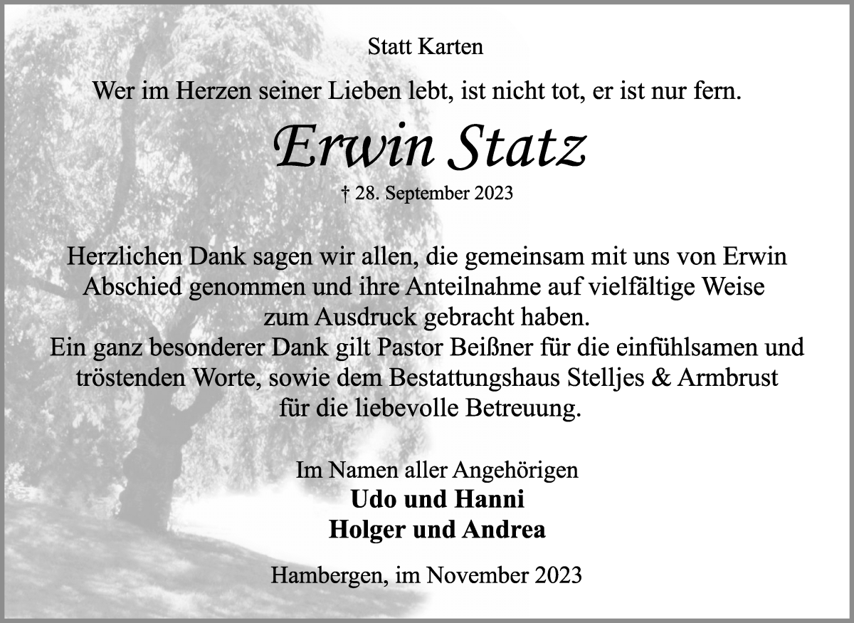 Traueranzeige von Erwin Statz von Osterholzer Kreisblatt