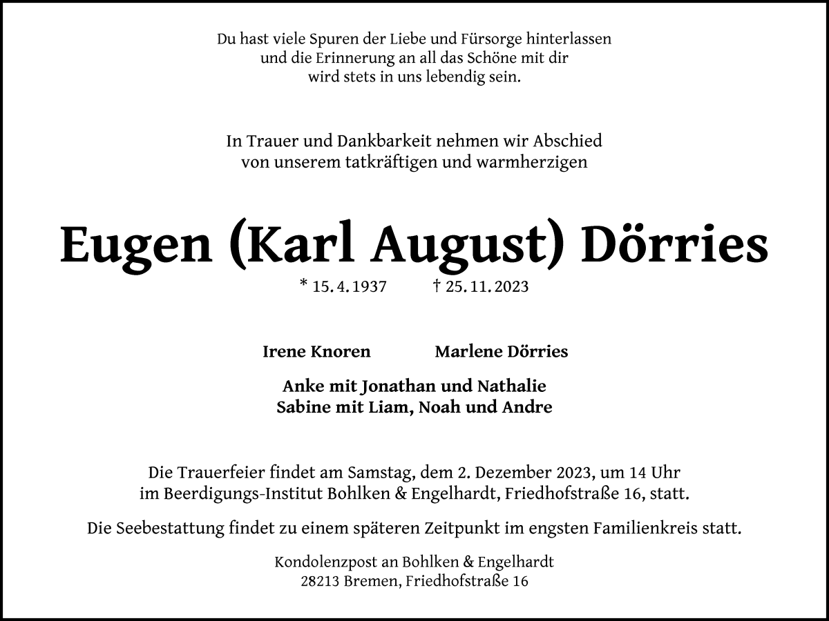 Traueranzeige von Eugen (Karl August) Dörries von WESER-KURIER
