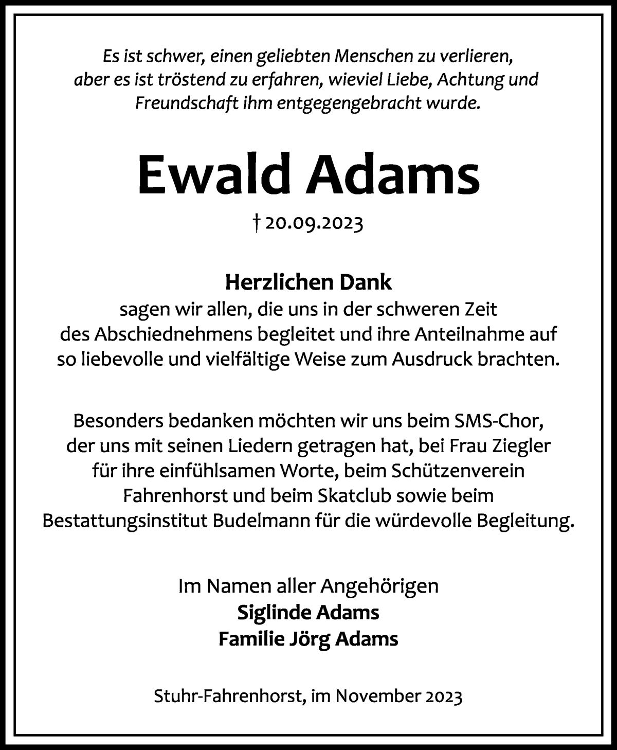 Traueranzeige von Ewald Adams von Regionale Rundschau/Syker Kurier