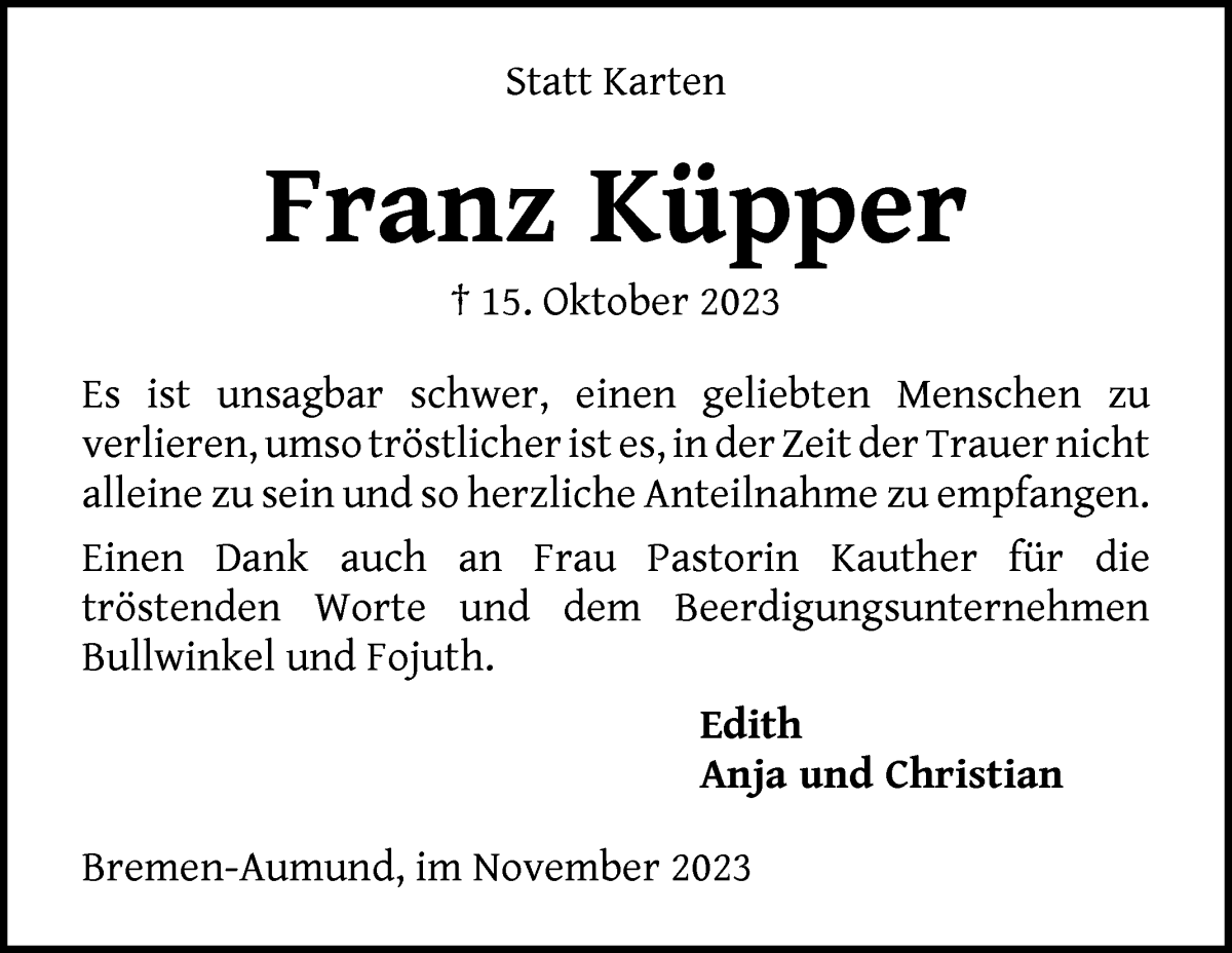 Traueranzeige von Franz Küpper von Die Norddeutsche