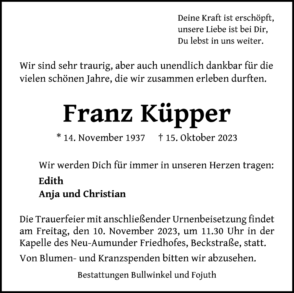 Traueranzeige von Franz Küpper von Die Norddeutsche