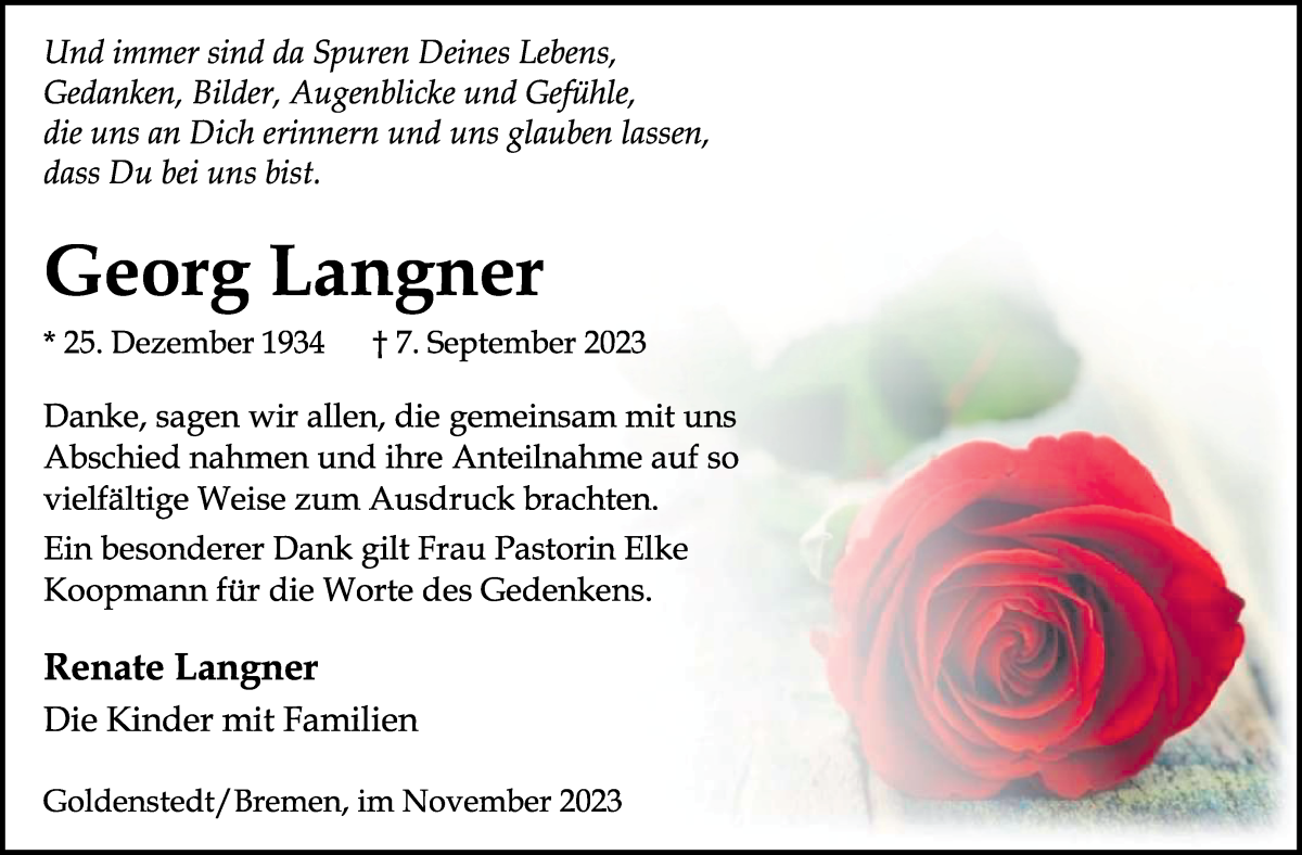 Traueranzeige von Georg Langner von WESER-KURIER