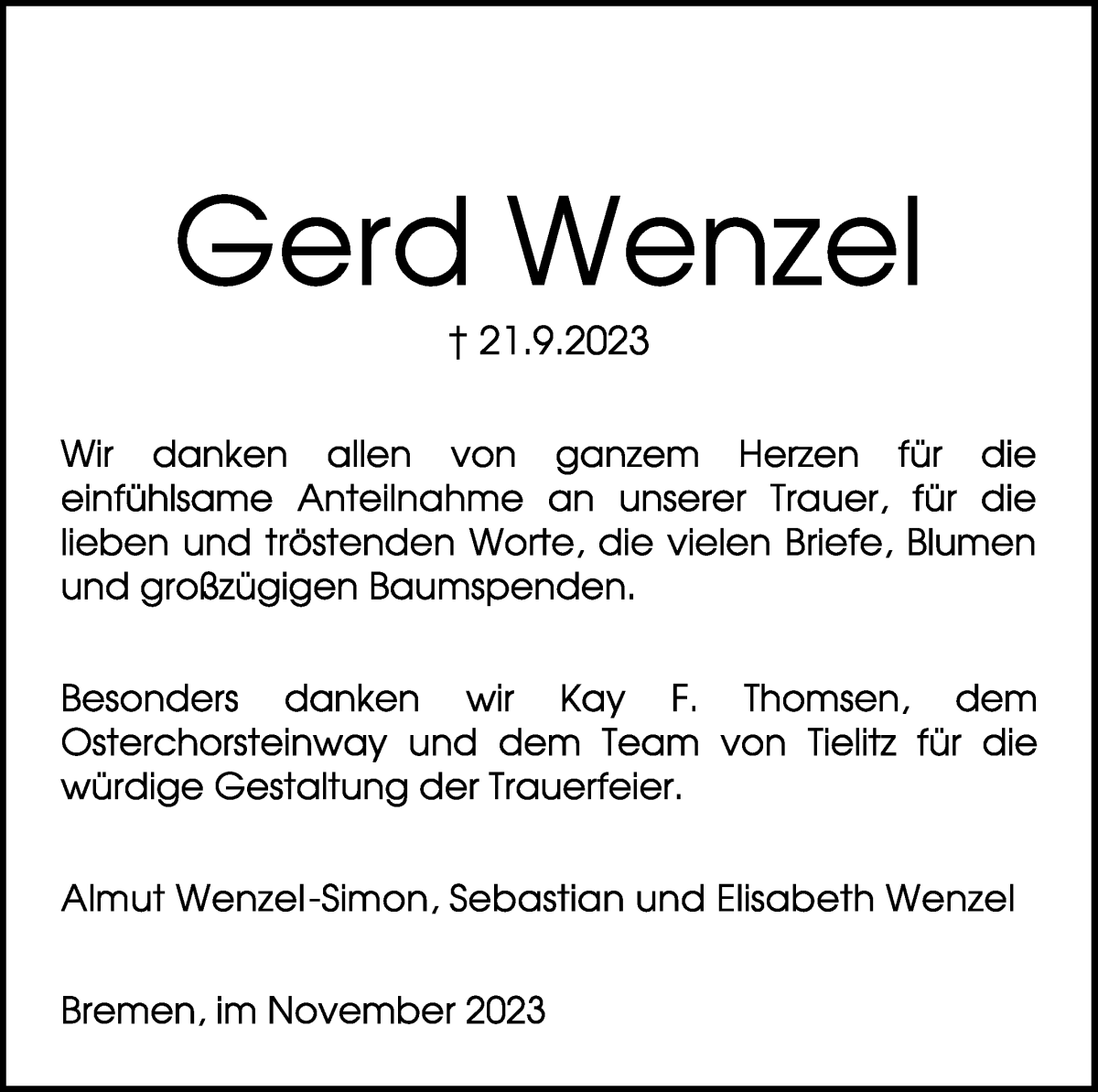Traueranzeige von Gerd Wenzel von WESER-KURIER