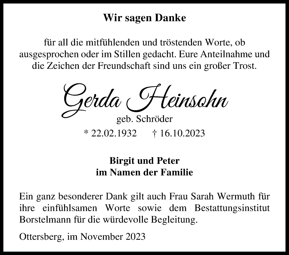 Traueranzeige von Gerda Heinsohn von WESER-KURIER