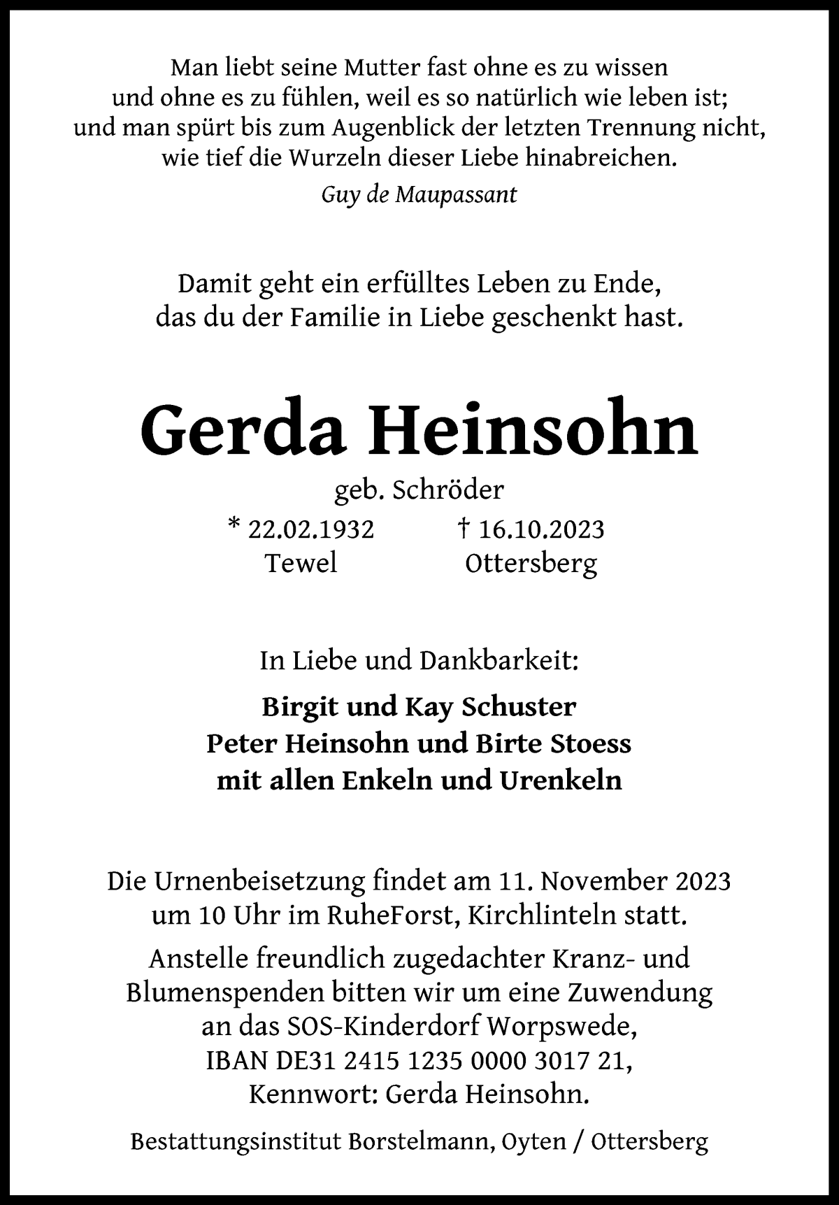Traueranzeige von Gerda Heinsohn von WESER-KURIER
