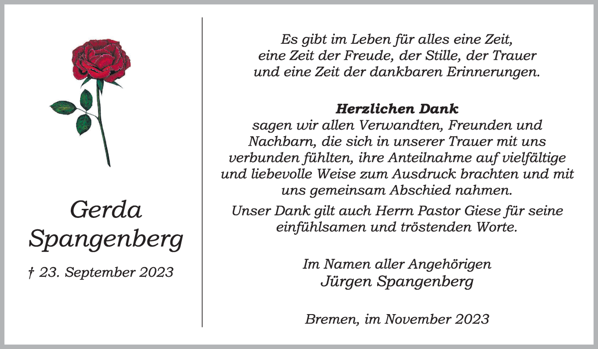 Traueranzeige von Gerda Spangenberg von Die Norddeutsche