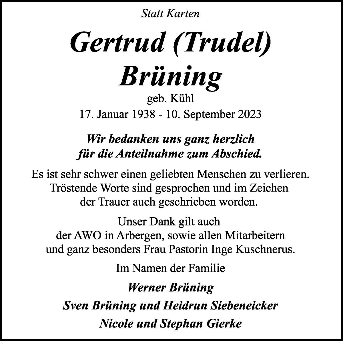 Traueranzeige von Gertrud Brüning von WESER-KURIER
