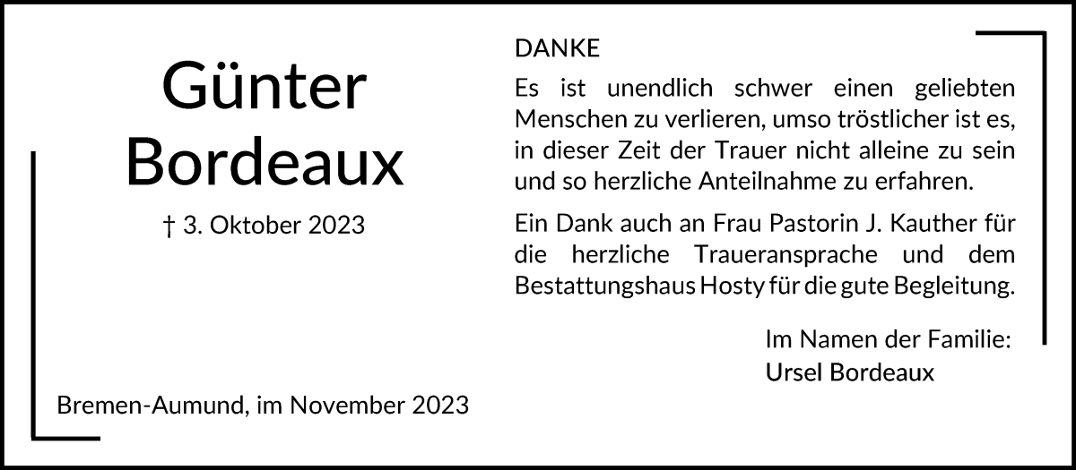 Traueranzeige von Günter Bordeaux von Die Norddeutsche