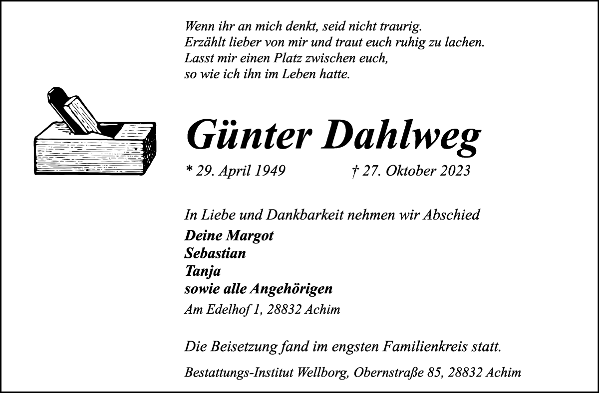 Traueranzeige von Günter Dahlweg von Achimer Kurier/Verdener Nachrichten