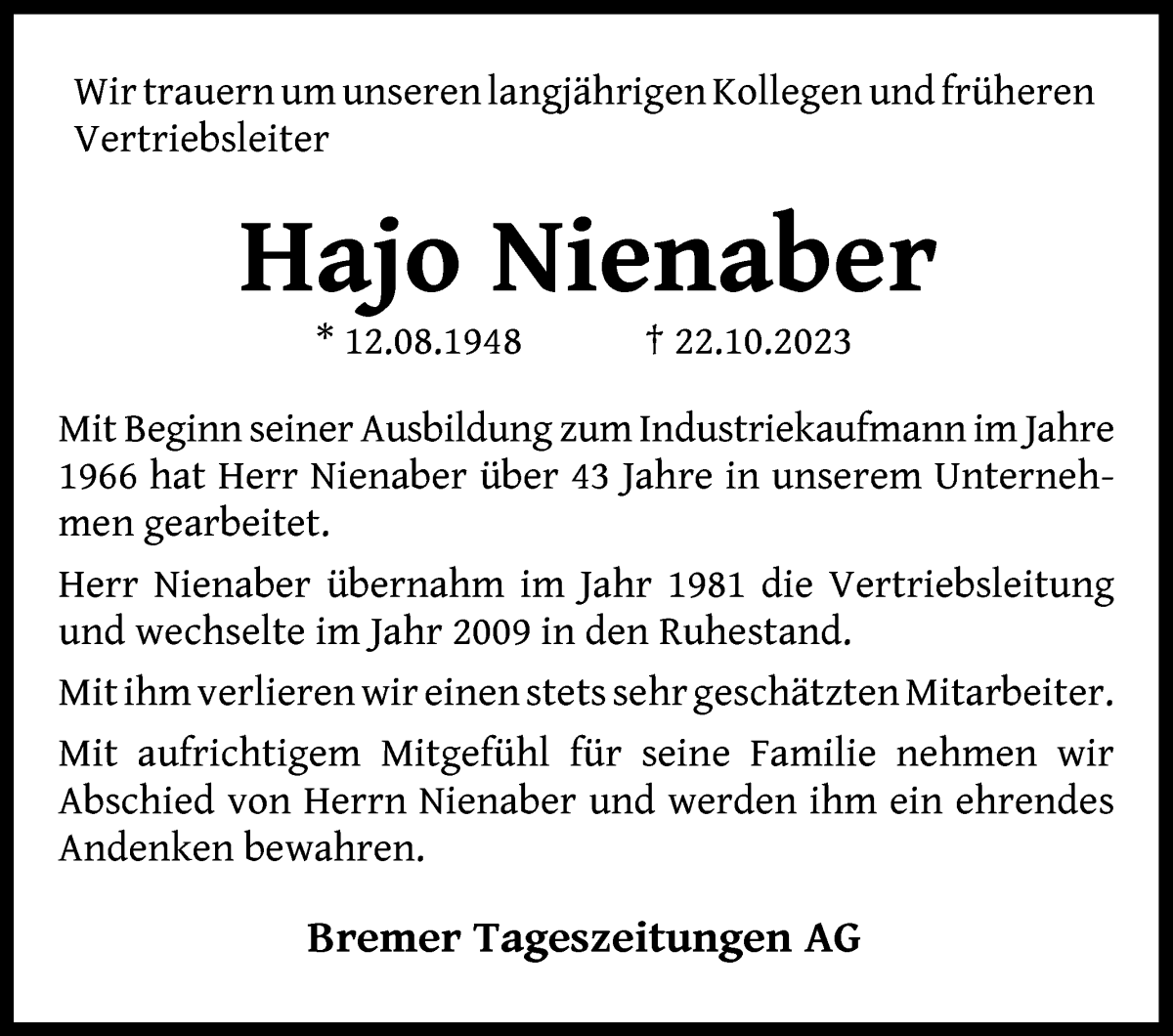 Traueranzeige von Hajo Nienaber von WESER-KURIER