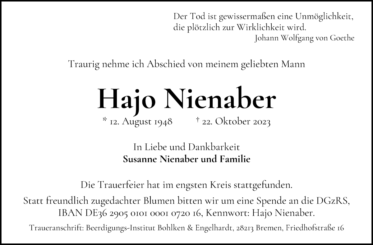 Traueranzeige von Hajo Nienaber von WESER-KURIER