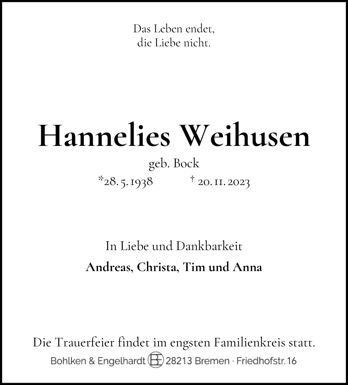 Traueranzeige von Hannelies Weihusen von WESER-KURIER