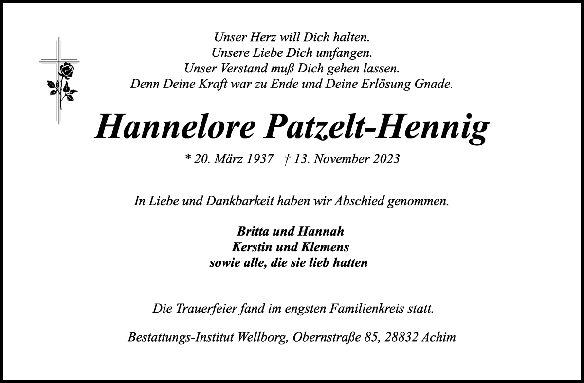 Traueranzeige von Hannlore Patzelt-Hennig von Achimer Kurier/Verdener Nachrichten
