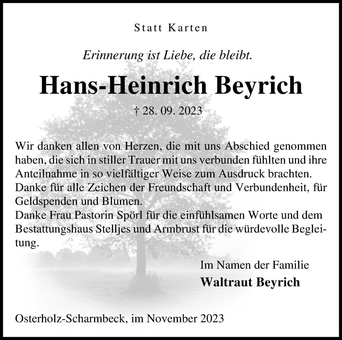 Traueranzeige von Hans-Heinrich Beyrich von Osterholzer Kreisblatt