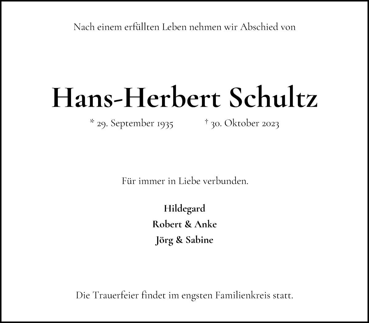 Traueranzeige von Hans-Herbert Schultz von WESER-KURIER