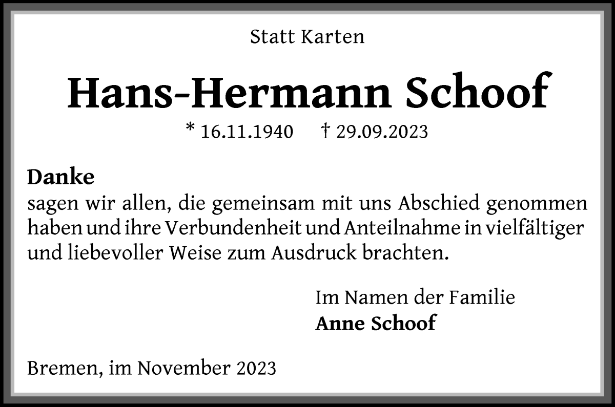 Traueranzeige von Hans-Hermann Schoof von WESER-KURIER