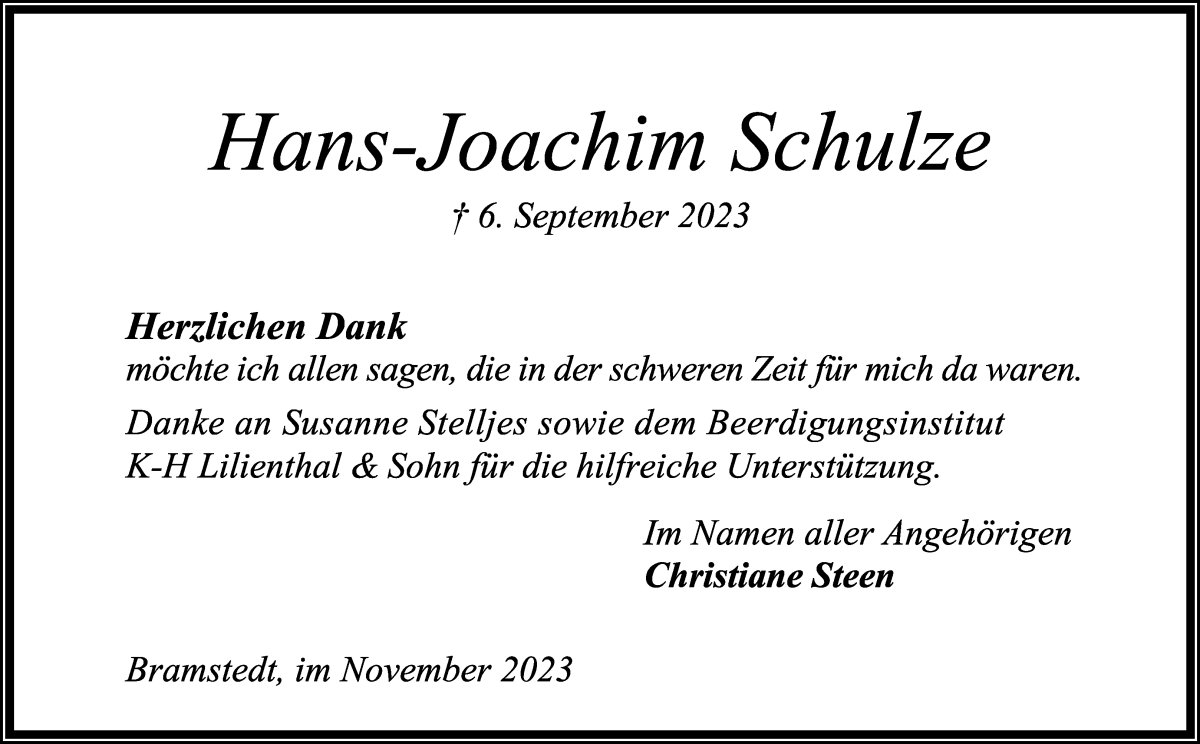 Traueranzeige von Hans-Joachim Schulze von Osterholzer Kreisblatt
