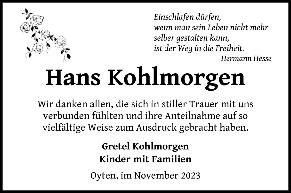 Traueranzeige von Hans Kohlmorgen von Achimer Kurier/Verdener Nachrichten