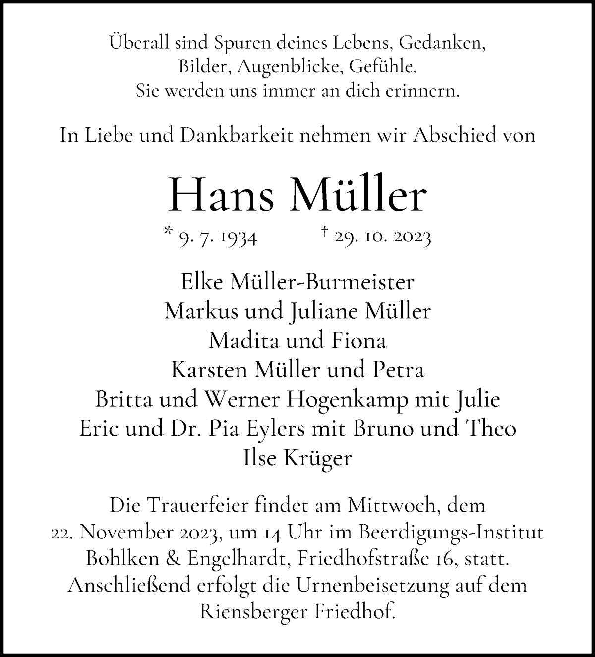 Traueranzeige von Hans Dietrich Müller von WESER-KURIER
