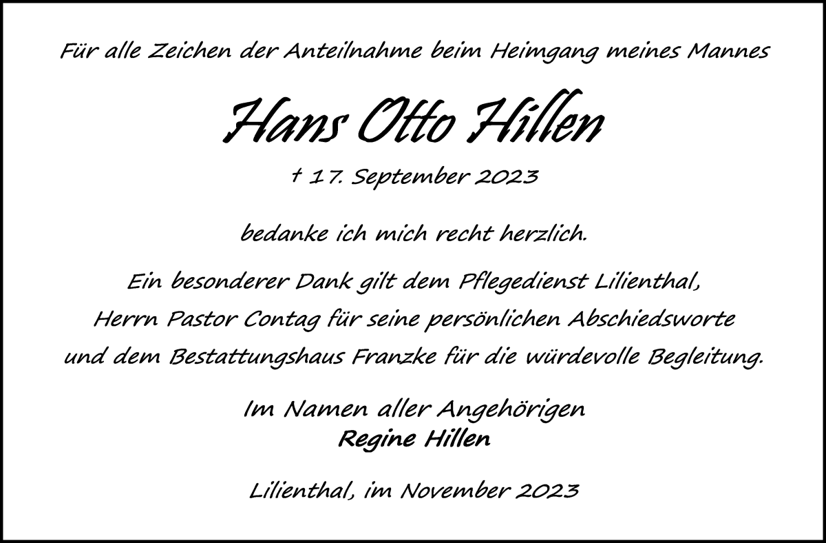 Traueranzeige von Hans Otto Hillen von Wuemme Zeitung