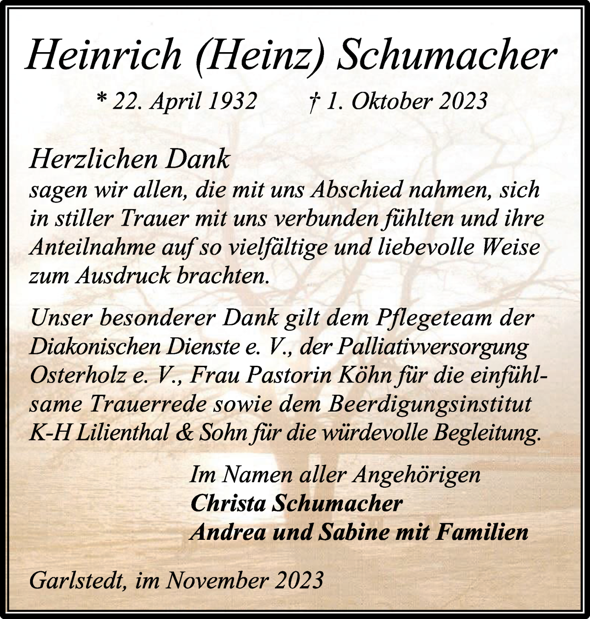 Traueranzeige von Heinrich (Heinz) Schumacher von Osterholzer Kreisblatt