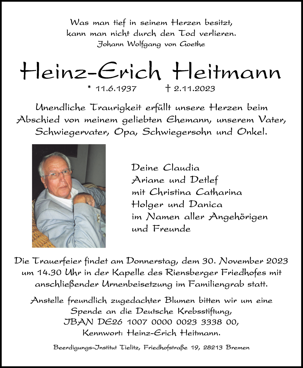 Traueranzeige von Heinz-Erich Heitmann von WESER-KURIER
