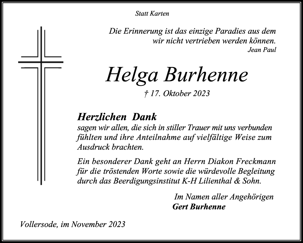 Traueranzeige von Helga Burhenne von Osterholzer Kreisblatt