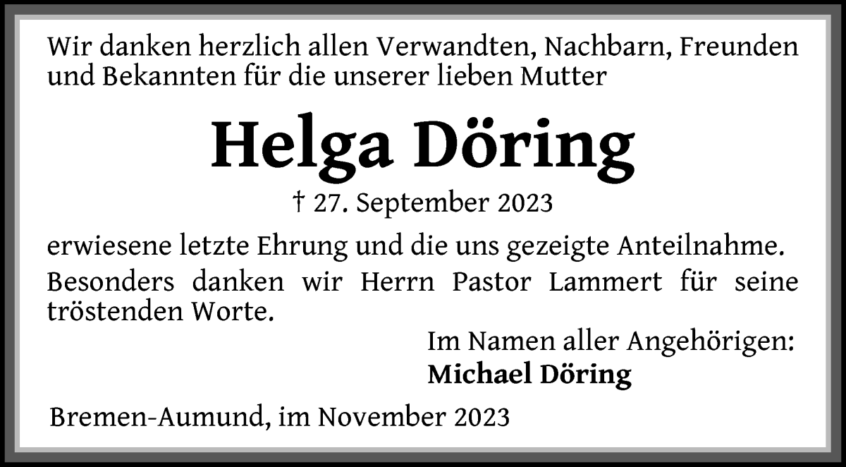 Traueranzeige von Helga Döring von Die Norddeutsche