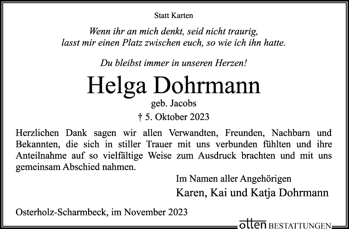 Traueranzeige von Helga Dohrmann von Osterholzer Kreisblatt