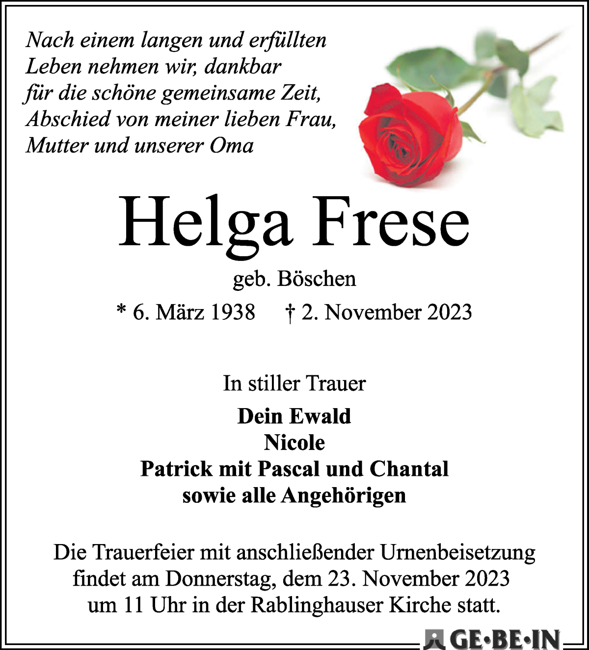 Traueranzeige von Helga Frese von WESER-KURIER