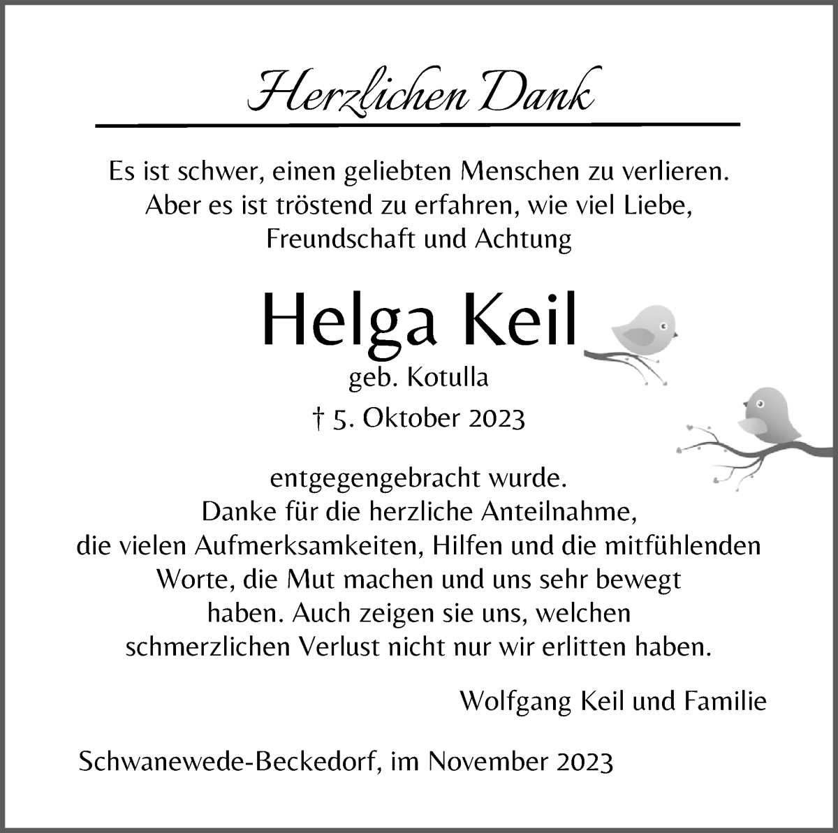 Traueranzeige von Helga Keil von Die Norddeutsche