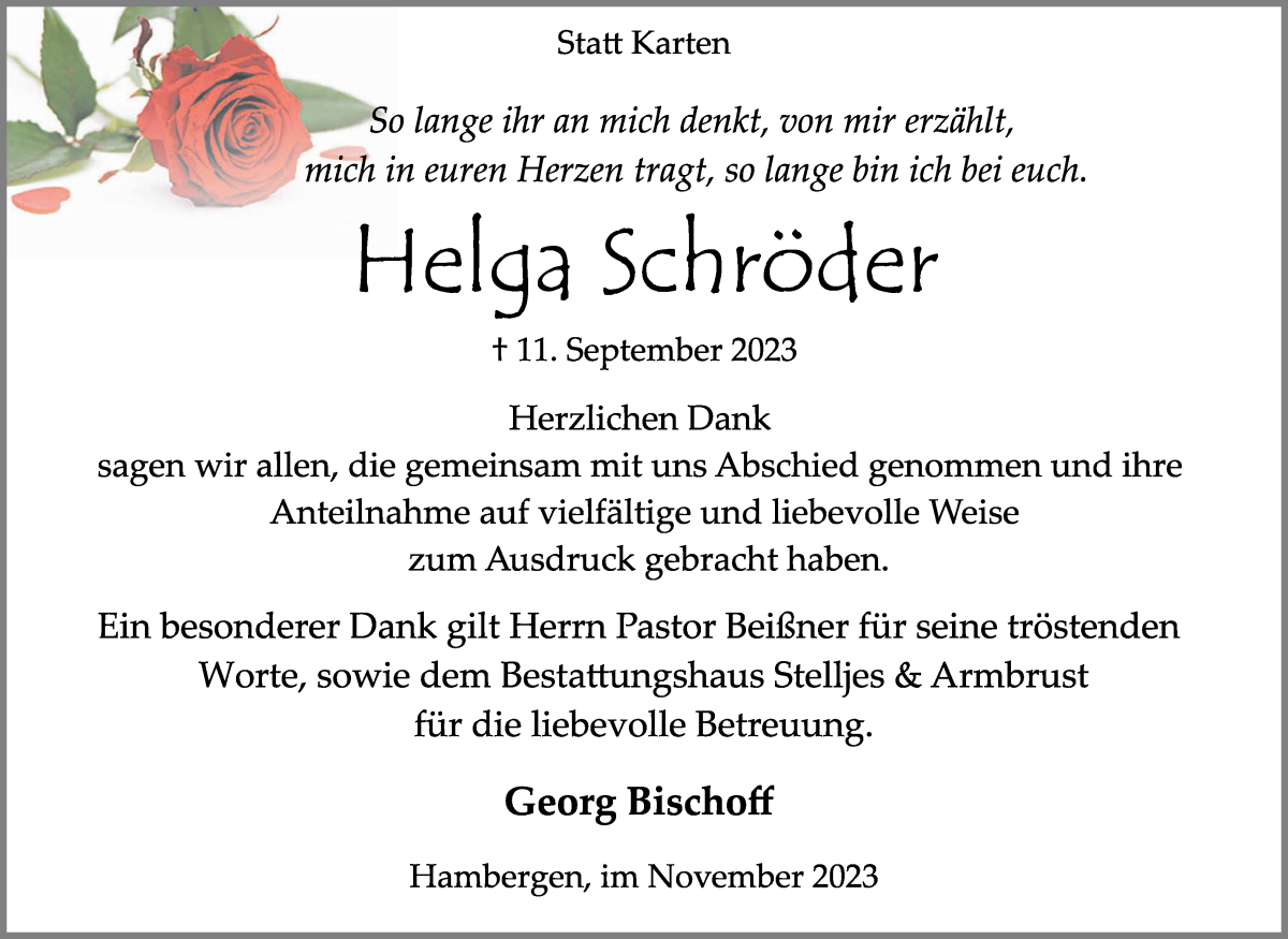Traueranzeige von Helga Schröder von Osterholzer Kreisblatt