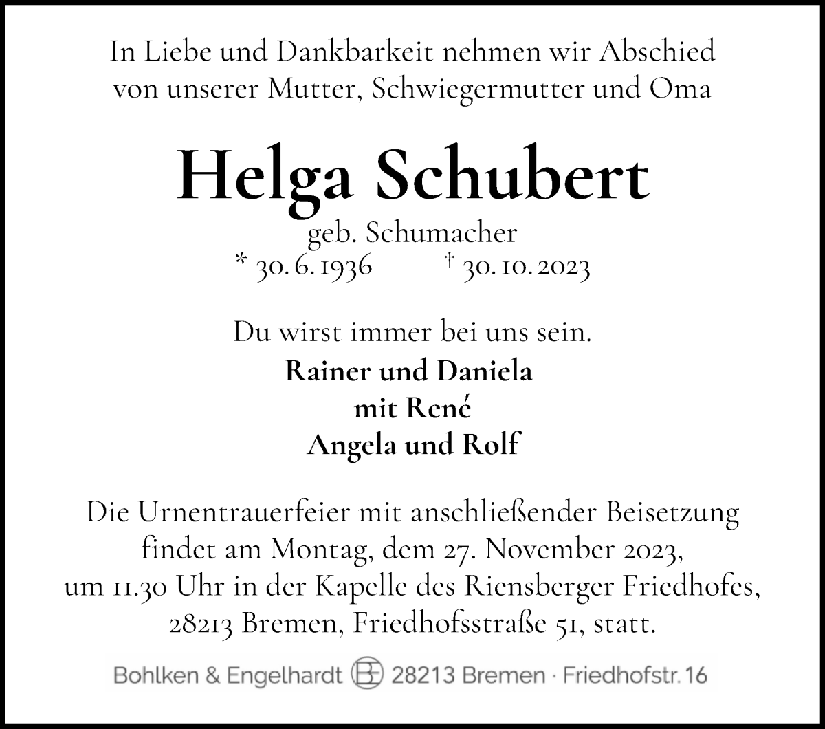 Traueranzeige von Helga Schubert von WESER-KURIER