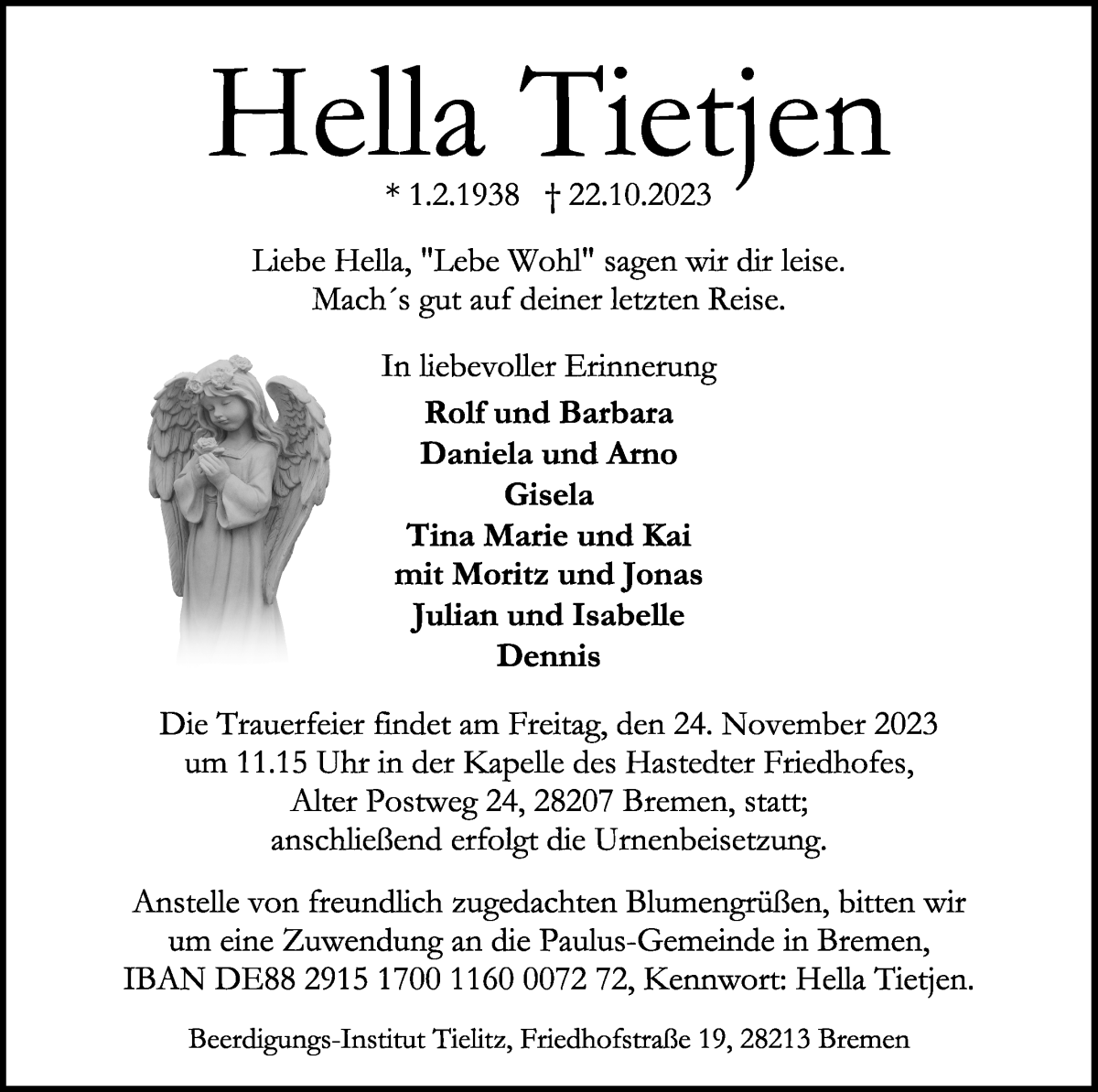 Traueranzeige von Hella Tietjen von WESER-KURIER